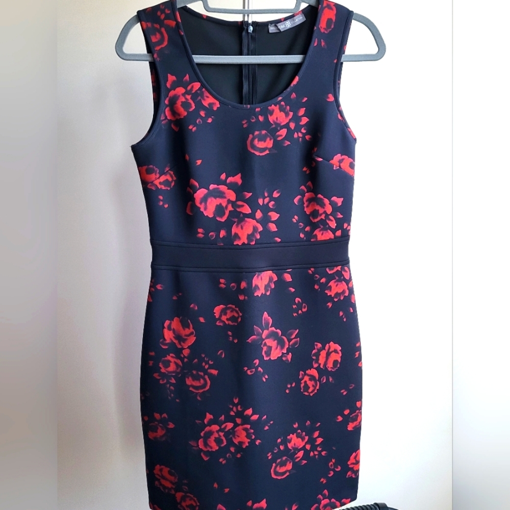 Chic Black Dress with Red Floral Design
